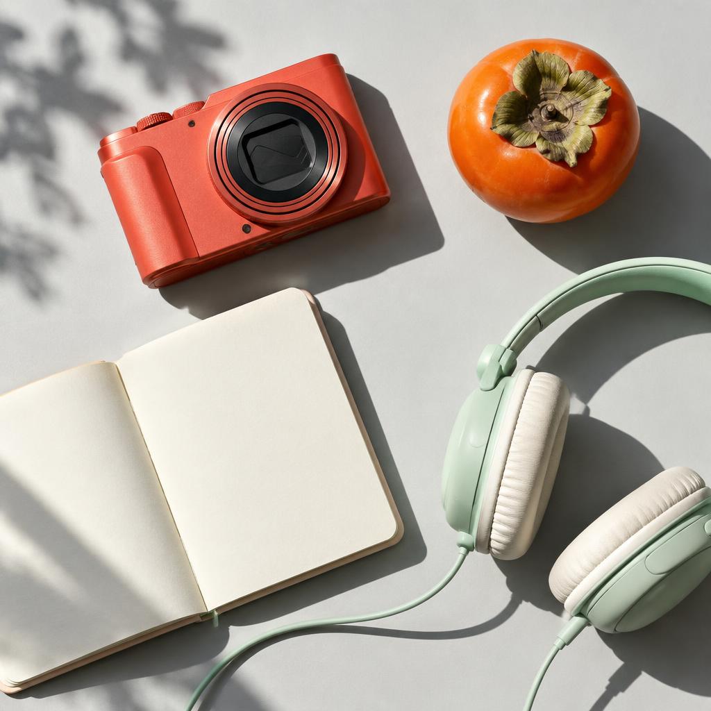 Colorful camera and headphones on a creative desk