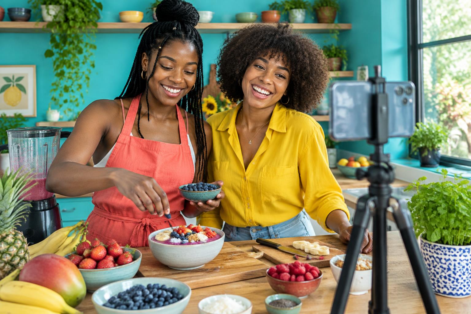 Creators smiling while filming a cooking Reel